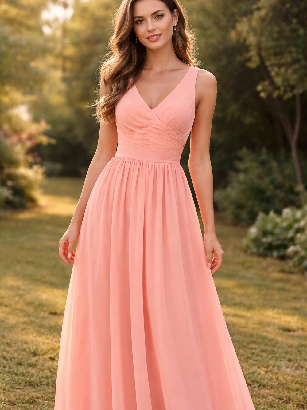 Azazie Coral Peach V-Neck Chiffon Maxi Dress